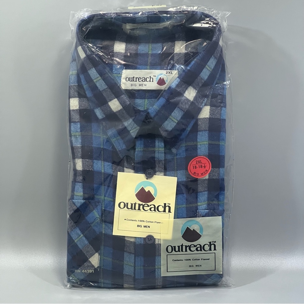 Vintage Outreach Big Men's 2XL Blue Plaid Flannel Shirt 100% Cotton 18-18 1/2